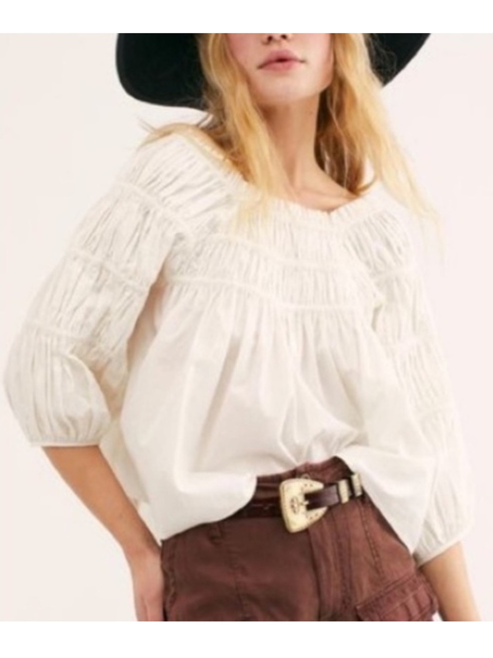 Free People CeCe Poplin White Smocked Square-Neck Peasant Blouse size XS